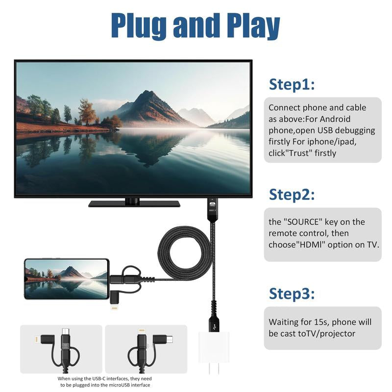 USB-C to HDMI Projection Adapter, Compatible for Iphone/Android, 1080P Mirroring to Tv/Monitor/Projector, with Lightning/Micro USB, Portable Digital AV Converter